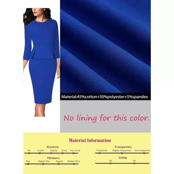 VFSHOW Womens Pleated Crew Neck Peplum Wear to Work Office Sheath DressRoyal Blue34 Sleeve