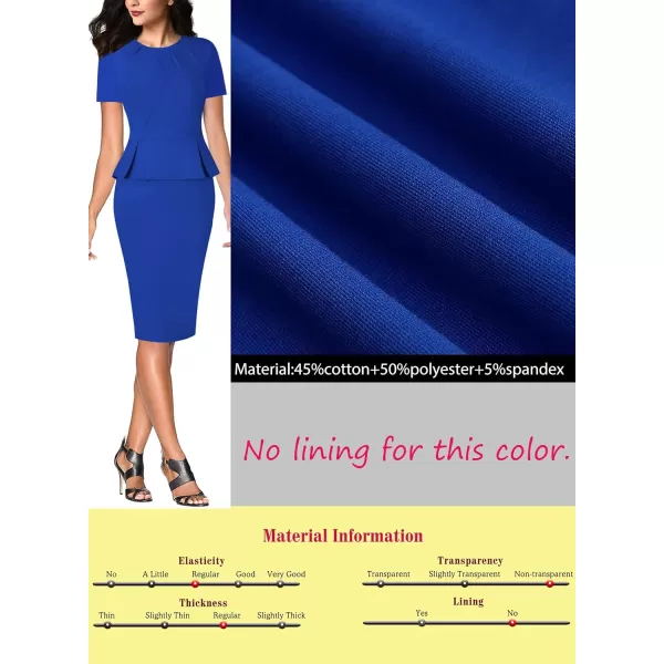 VFSHOW Womens Pleated Crew Neck Peplum Wear to Work Office Sheath DressRoyal Blueshort Sleeve