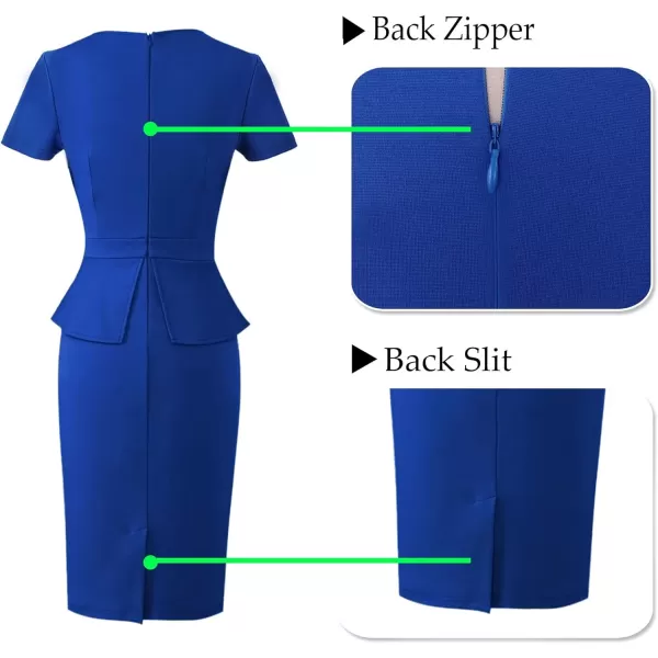 VFSHOW Womens Pleated Crew Neck Peplum Wear to Work Office Sheath DressRoyal Blueshort Sleeve