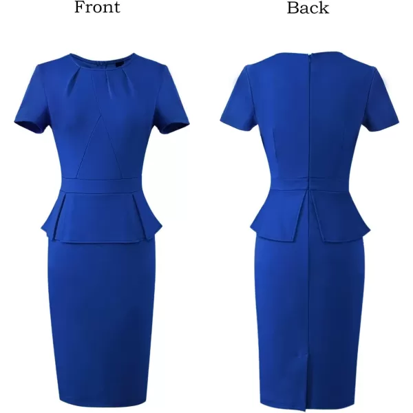 VFSHOW Womens Pleated Crew Neck Peplum Wear to Work Office Sheath DressRoyal Blueshort Sleeve