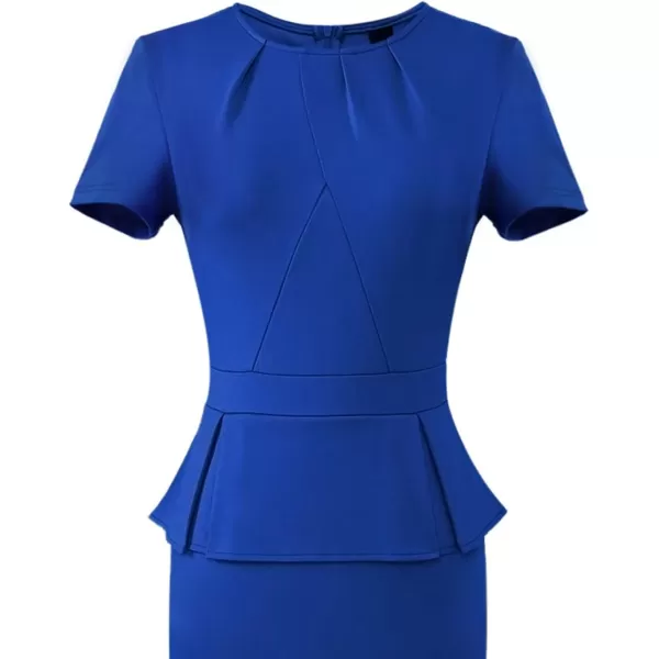 VFSHOW Womens Pleated Crew Neck Peplum Wear to Work Office Sheath DressRoyal Blueshort Sleeve