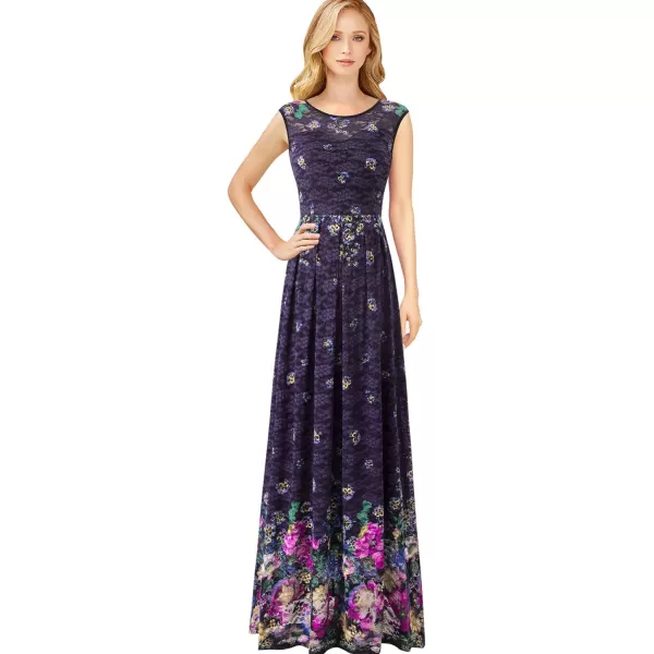 VFSHOW Womens Retro Floral Lace Formal Evening Wedding Party Maxi ALine DressPurple Lace Multi Floral Print1