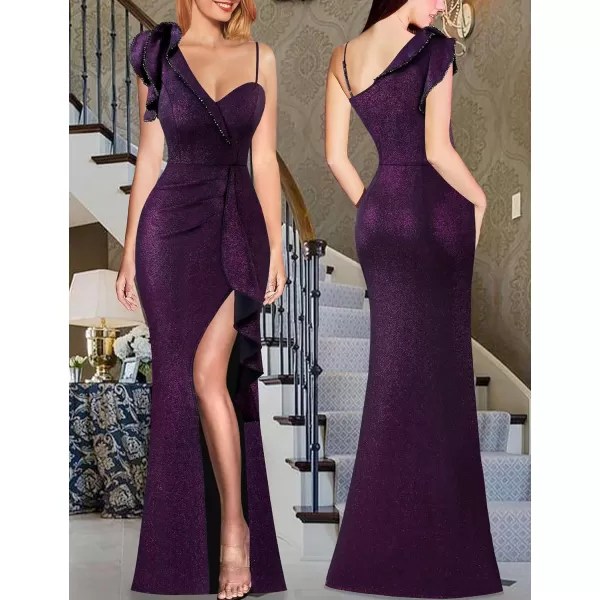 VFSHOW Womens Ruched Ruffle One Shoulder Strap Prom Formal Wedding Maxi Dress Sexy V Neck Split Cocktail Evening Long GownBlack With Purple Metallic Stitching