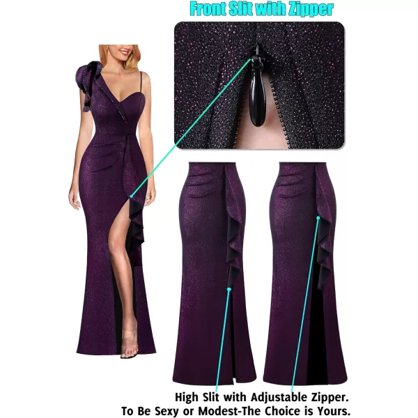 VFSHOW Womens Ruched Ruffle One Shoulder Strap Prom Formal Wedding Maxi Dress Sexy V Neck Split Cocktail Evening Long GownBlack With Purple Metallic Stitching