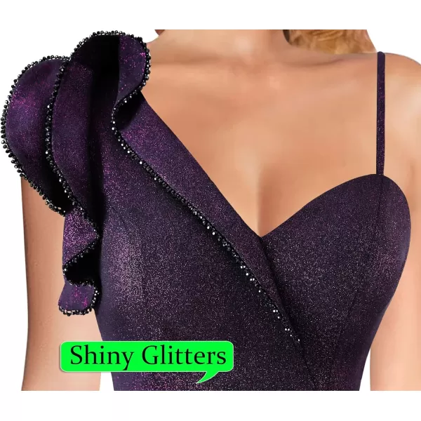 VFSHOW Womens Ruched Ruffle One Shoulder Strap Prom Formal Wedding Maxi Dress Sexy V Neck Split Cocktail Evening Long GownBlack With Purple Metallic Stitching