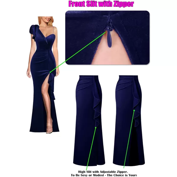 VFSHOW Womens Ruched Ruffle One Shoulder Strap Prom Formal Wedding Maxi Dress Sexy V Neck Split Cocktail Evening Long GownDark Blue Velvet