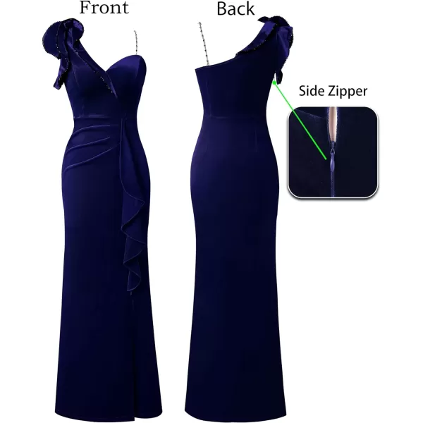 VFSHOW Womens Ruched Ruffle One Shoulder Strap Prom Formal Wedding Maxi Dress Sexy V Neck Split Cocktail Evening Long GownDark Blue Velvet