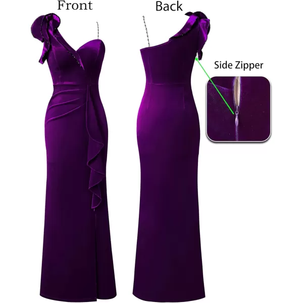 VFSHOW Womens Ruched Ruffle One Shoulder Strap Prom Formal Wedding Maxi Dress Sexy V Neck Split Cocktail Evening Long GownDark Purple Velvet