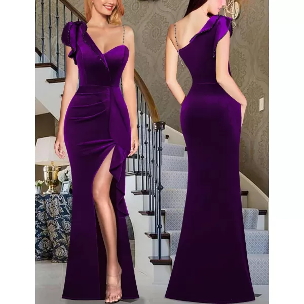 VFSHOW Womens Ruched Ruffle One Shoulder Strap Prom Formal Wedding Maxi Dress Sexy V Neck Split Cocktail Evening Long GownDark Purple Velvet