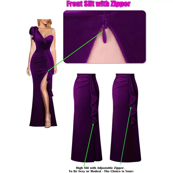 VFSHOW Womens Ruched Ruffle One Shoulder Strap Prom Formal Wedding Maxi Dress Sexy V Neck Split Cocktail Evening Long GownDark Purple Velvet