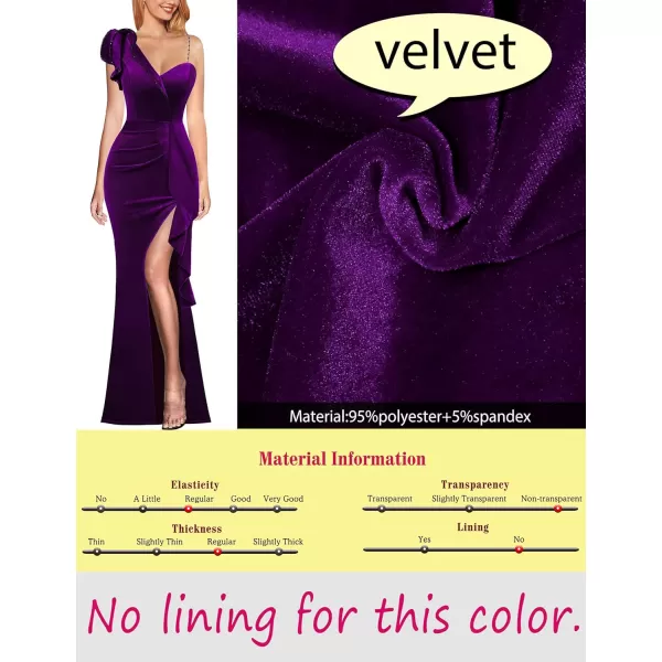VFSHOW Womens Ruched Ruffle One Shoulder Strap Prom Formal Wedding Maxi Dress Sexy V Neck Split Cocktail Evening Long GownDark Purple Velvet