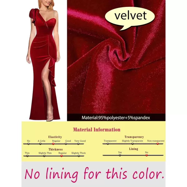 VFSHOW Womens Ruched Ruffle One Shoulder Strap Prom Formal Wedding Maxi Dress Sexy V Neck Split Cocktail Evening Long GownRed Velvet