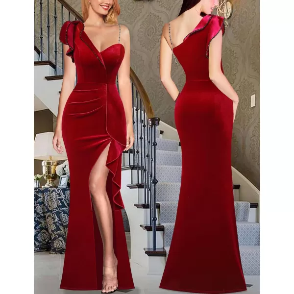 VFSHOW Womens Ruched Ruffle One Shoulder Strap Prom Formal Wedding Maxi Dress Sexy V Neck Split Cocktail Evening Long GownRed Velvet