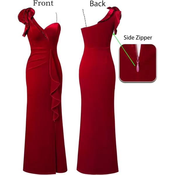 VFSHOW Womens Ruched Ruffle One Shoulder Strap Prom Formal Wedding Maxi Dress Sexy V Neck Split Cocktail Evening Long GownRed Velvet