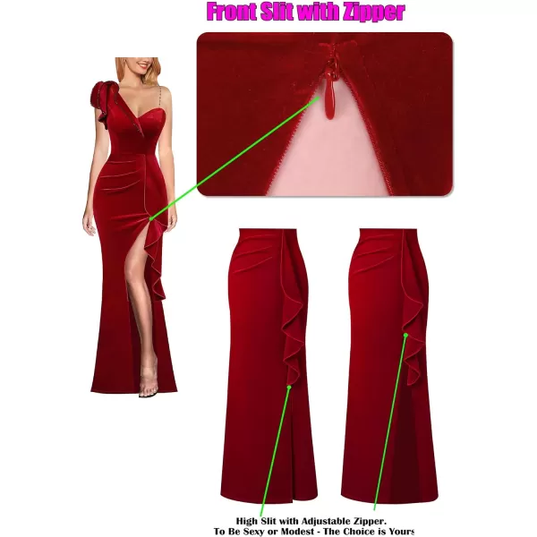 VFSHOW Womens Ruched Ruffle One Shoulder Strap Prom Formal Wedding Maxi Dress Sexy V Neck Split Cocktail Evening Long GownRed Velvet