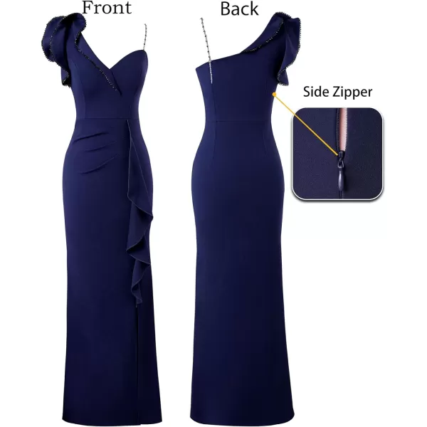 VFSHOW Womens Ruched Ruffle One Shoulder Strap Prom Formal Wedding Maxi Dress Sexy V Neck Split Cocktail Evening Long GownSolid Blue