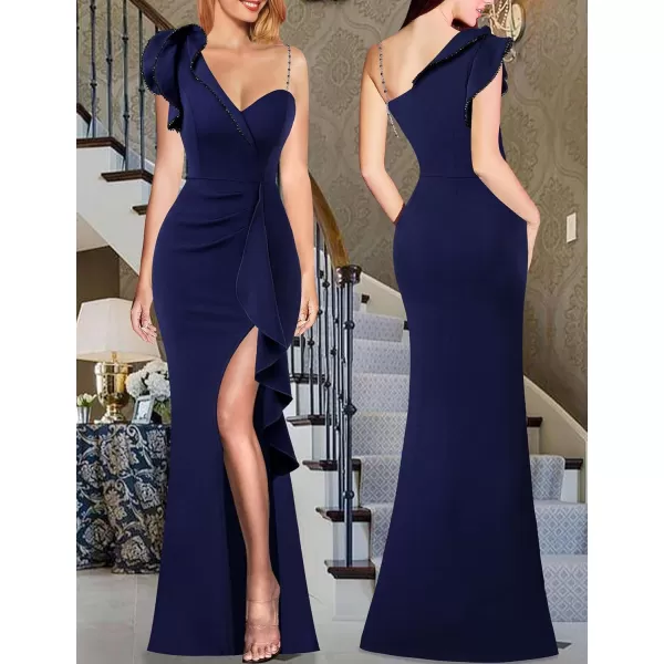 VFSHOW Womens Ruched Ruffle One Shoulder Strap Prom Formal Wedding Maxi Dress Sexy V Neck Split Cocktail Evening Long GownSolid Blue