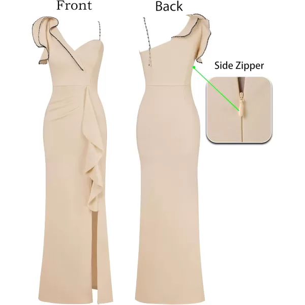 VFSHOW Womens Ruched Ruffle One Shoulder Strap Prom Formal Wedding Maxi Dress Sexy V Neck Split Cocktail Evening Long GownSparkly Beige