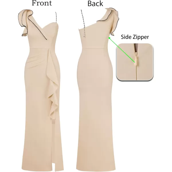 VFSHOW Womens Ruched Ruffle One Shoulder Strap Prom Formal Wedding Maxi Dress Sexy V Neck Split Cocktail Evening Long GownSparkly Beige2