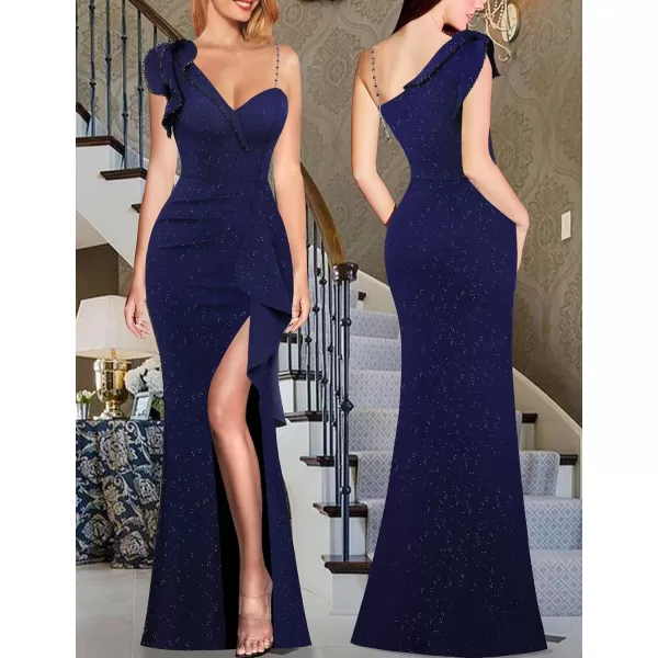 VFSHOW Womens Ruched Ruffle One Shoulder Strap Prom Formal Wedding Maxi Dress Sexy V Neck Split Cocktail Evening Long GownSparkly Dark Blue