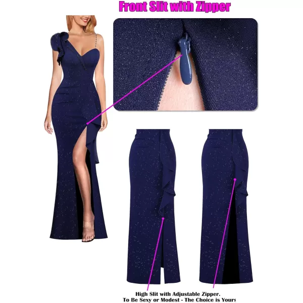 VFSHOW Womens Ruched Ruffle One Shoulder Strap Prom Formal Wedding Maxi Dress Sexy V Neck Split Cocktail Evening Long GownSparkly Dark Blue