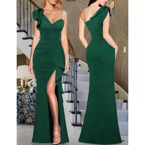 VFSHOW Womens Ruched Ruffle One Shoulder Strap Prom Formal Wedding Maxi Dress Sexy V Neck Split Cocktail Evening Long GownSparkly Dark Green