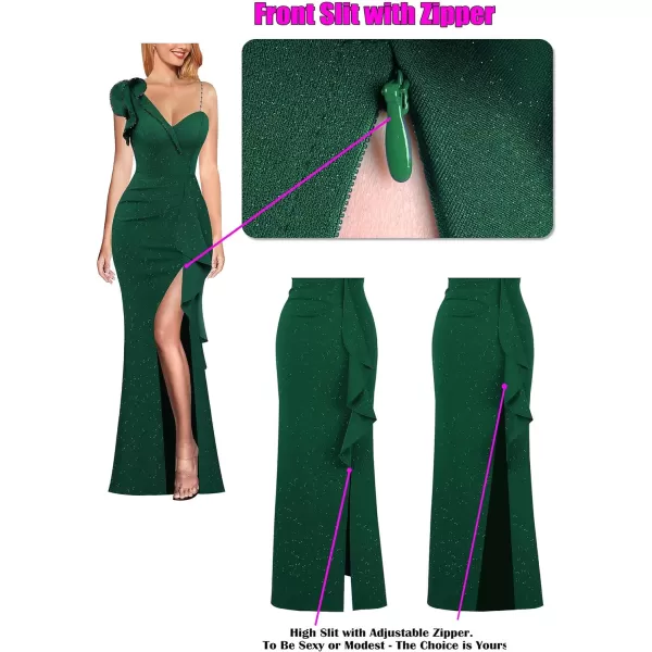 VFSHOW Womens Ruched Ruffle One Shoulder Strap Prom Formal Wedding Maxi Dress Sexy V Neck Split Cocktail Evening Long GownSparkly Dark Green