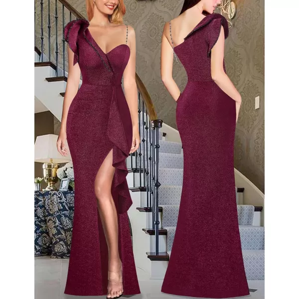 VFSHOW Womens Ruched Ruffle One Shoulder Strap Prom Formal Wedding Maxi Dress Sexy V Neck Split Cocktail Evening Long GownSparkly Dark Red2