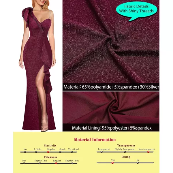 VFSHOW Womens Ruched Ruffle One Shoulder Strap Prom Formal Wedding Maxi Dress Sexy V Neck Split Cocktail Evening Long GownSparkly Dark Red2