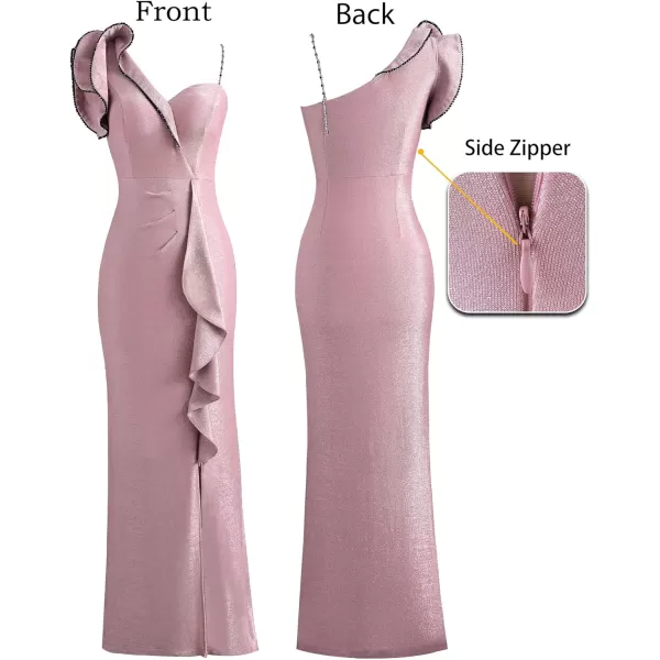 VFSHOW Womens Ruched Ruffle One Shoulder Strap Prom Formal Wedding Maxi Dress Sexy V Neck Split Cocktail Evening Long GownSparkly Dusty Pink