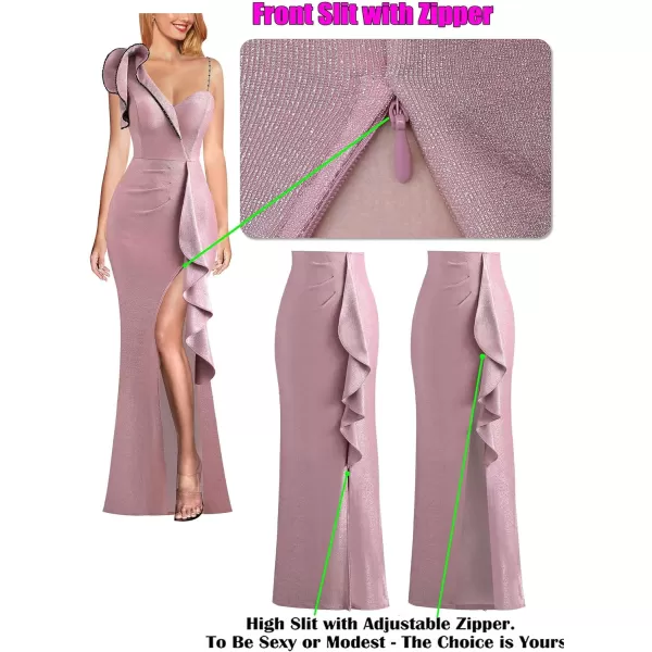 VFSHOW Womens Ruched Ruffle One Shoulder Strap Prom Formal Wedding Maxi Dress Sexy V Neck Split Cocktail Evening Long GownSparkly Dusty Pink