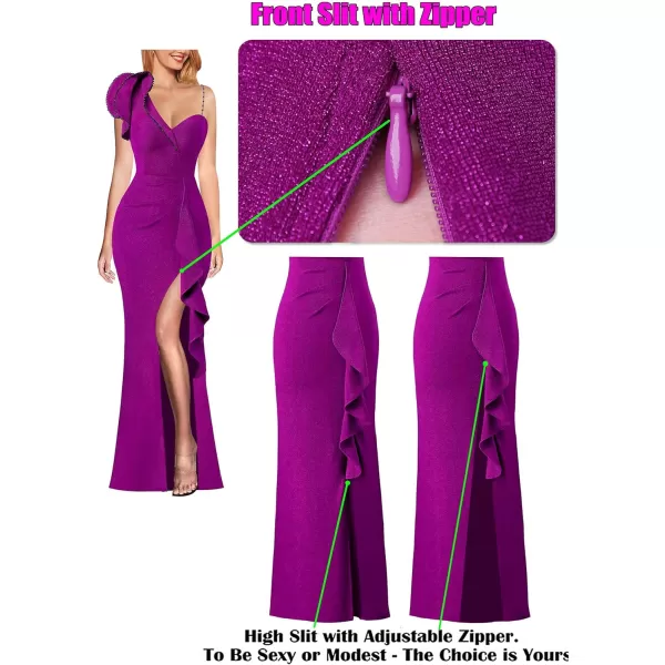 VFSHOW Womens Ruched Ruffle One Shoulder Strap Prom Formal Wedding Maxi Dress Sexy V Neck Split Cocktail Evening Long GownSparkly Fuchsia