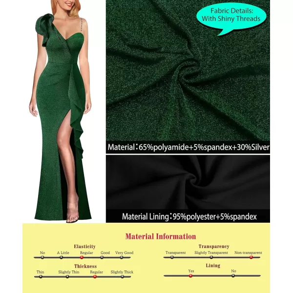 VFSHOW Womens Ruched Ruffle One Shoulder Strap Prom Formal Wedding Maxi Dress Sexy V Neck Split Cocktail Evening Long GownSparkly Green2