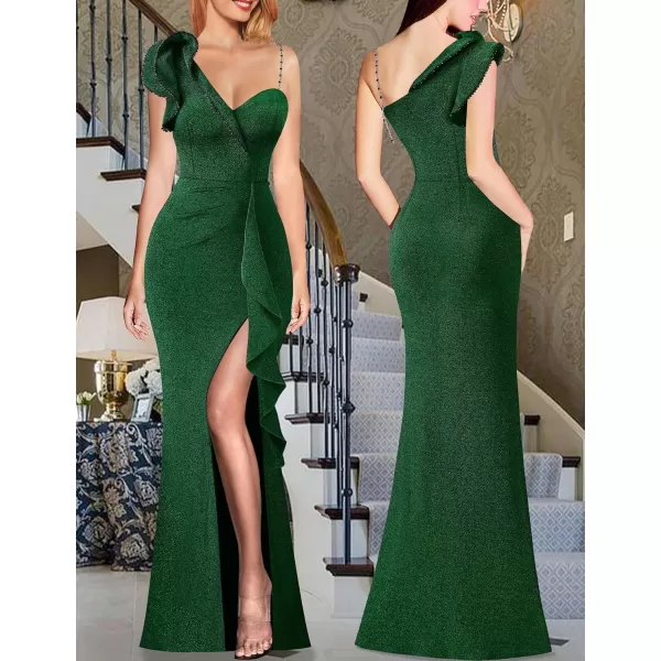 VFSHOW Womens Ruched Ruffle One Shoulder Strap Prom Formal Wedding Maxi Dress Sexy V Neck Split Cocktail Evening Long GownSparkly Green2