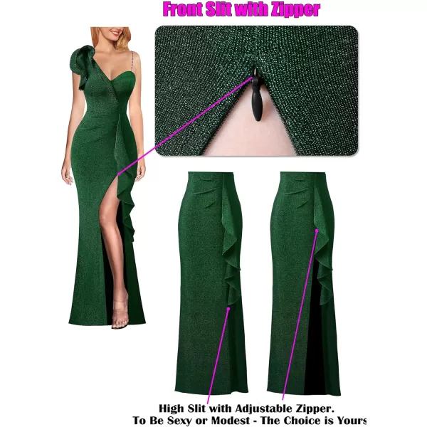 VFSHOW Womens Ruched Ruffle One Shoulder Strap Prom Formal Wedding Maxi Dress Sexy V Neck Split Cocktail Evening Long GownSparkly Green2