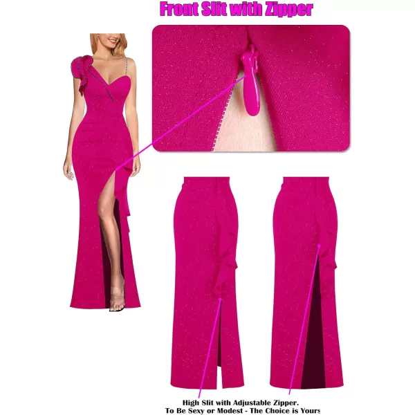 VFSHOW Womens Ruched Ruffle One Shoulder Strap Prom Formal Wedding Maxi Dress Sexy V Neck Split Cocktail Evening Long GownSparkly Hot Pink