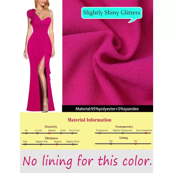 VFSHOW Womens Ruched Ruffle One Shoulder Strap Prom Formal Wedding Maxi Dress Sexy V Neck Split Cocktail Evening Long GownSparkly Hot Pink