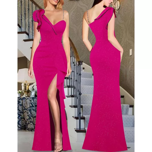 VFSHOW Womens Ruched Ruffle One Shoulder Strap Prom Formal Wedding Maxi Dress Sexy V Neck Split Cocktail Evening Long GownSparkly Hot Pink