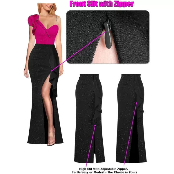 VFSHOW Womens Ruched Ruffle One Shoulder Strap Prom Formal Wedding Maxi Dress Sexy V Neck Split Cocktail Evening Long GownSparkly Hot Pink and Black