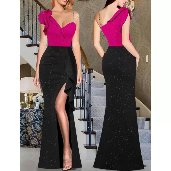 VFSHOW Womens Ruched Ruffle One Shoulder Strap Prom Formal Wedding Maxi Dress Sexy V Neck Split Cocktail Evening Long GownSparkly Hot Pink and Black