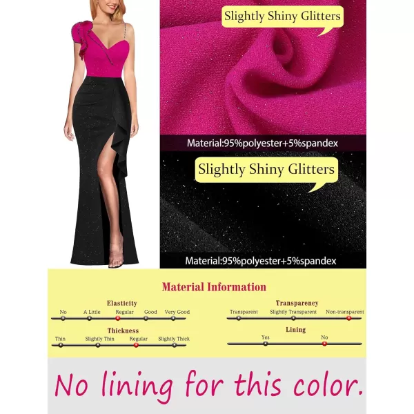 VFSHOW Womens Ruched Ruffle One Shoulder Strap Prom Formal Wedding Maxi Dress Sexy V Neck Split Cocktail Evening Long GownSparkly Hot Pink and Black