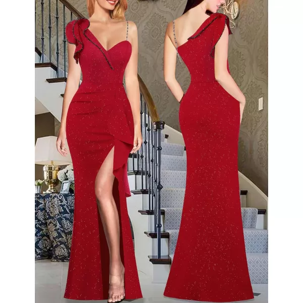 VFSHOW Womens Ruched Ruffle One Shoulder Strap Prom Formal Wedding Maxi Dress Sexy V Neck Split Cocktail Evening Long GownSparkly Red