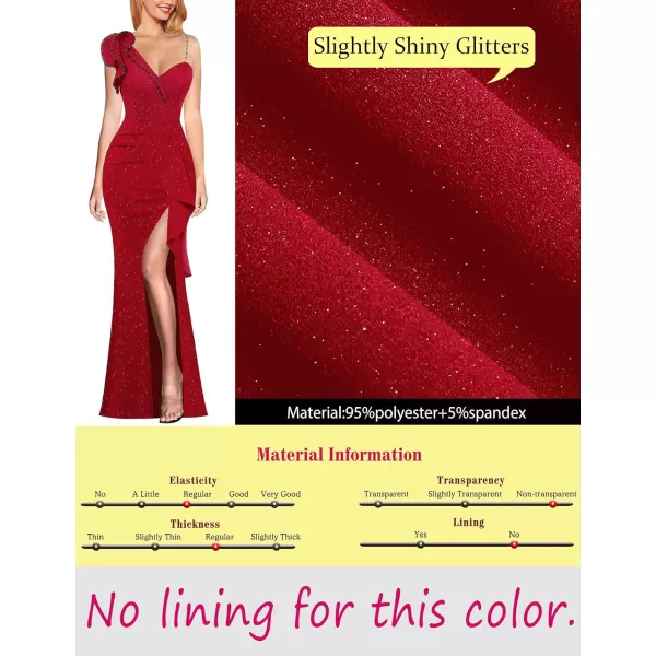 VFSHOW Womens Ruched Ruffle One Shoulder Strap Prom Formal Wedding Maxi Dress Sexy V Neck Split Cocktail Evening Long GownSparkly Red