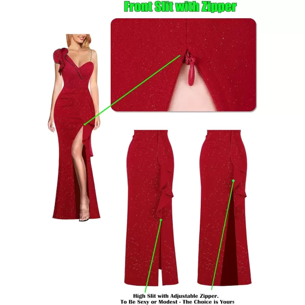 VFSHOW Womens Ruched Ruffle One Shoulder Strap Prom Formal Wedding Maxi Dress Sexy V Neck Split Cocktail Evening Long GownSparkly Red