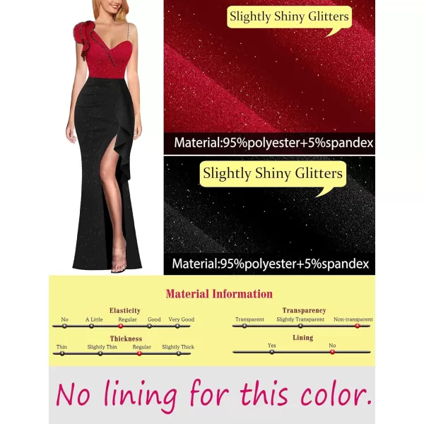 VFSHOW Womens Ruched Ruffle One Shoulder Strap Prom Formal Wedding Maxi Dress Sexy V Neck Split Cocktail Evening Long GownSparkly Red and Black