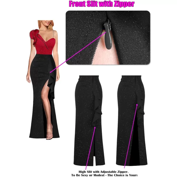 VFSHOW Womens Ruched Ruffle One Shoulder Strap Prom Formal Wedding Maxi Dress Sexy V Neck Split Cocktail Evening Long GownSparkly Red and Black