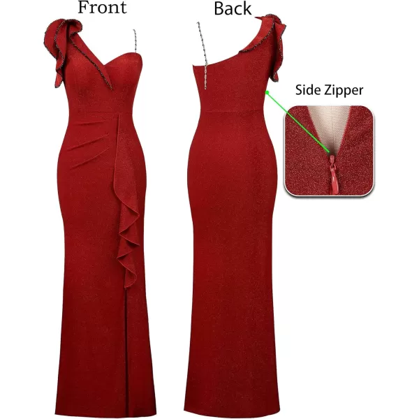 VFSHOW Womens Ruched Ruffle One Shoulder Strap Prom Formal Wedding Maxi Dress Sexy V Neck Split Cocktail Evening Long GownSparkly Red2