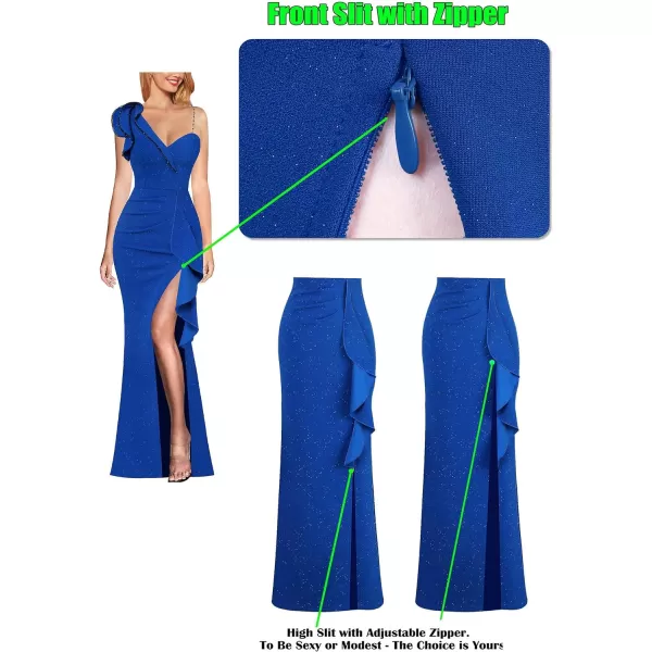 VFSHOW Womens Ruched Ruffle One Shoulder Strap Prom Formal Wedding Maxi Dress Sexy V Neck Split Cocktail Evening Long GownSparkly Royal Blue