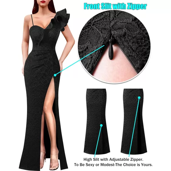 VFSHOW Womens Ruffle One Shoulder Strap Ruched Formal Prom Wedding Maxi Dress V Neck Elegant Split Cocktail Evening Long GownBlack Floral Lace