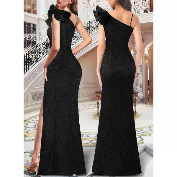 VFSHOW Womens Ruffle One Shoulder Strap Ruched Formal Prom Wedding Maxi Dress V Neck Elegant Split Cocktail Evening Long GownBlack Floral Lace